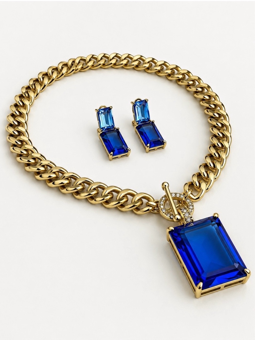 Heidi Daus Blue Crystal Statement Necklace Earring Set Gold